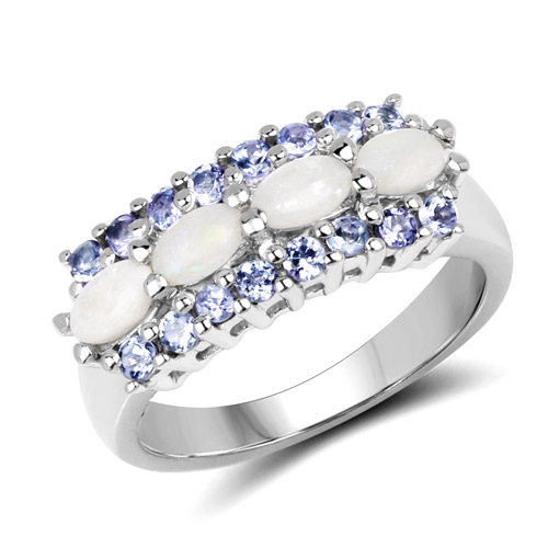 Opal-1.44 Carat Genuine Opal and Tanzanite .925 Sterling Silver Ring