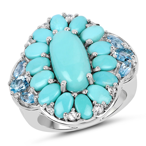 Rings-8.11 Carat Genuine Turquoise, Swiss Blue Topaz & White Topaz .925 Sterling Silver Ring