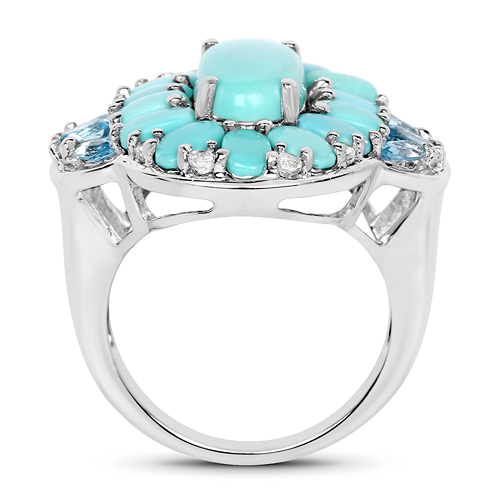 8.11 Carat Genuine Turquoise, Swiss Blue Topaz & White Topaz .925 Sterling Silver Ring