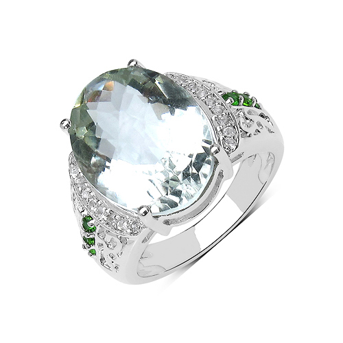 Amethyst-8.54 Carat Genuine Green Amethyst, Chrome Diopside and White Topaz .925 Sterling Silver Ring
