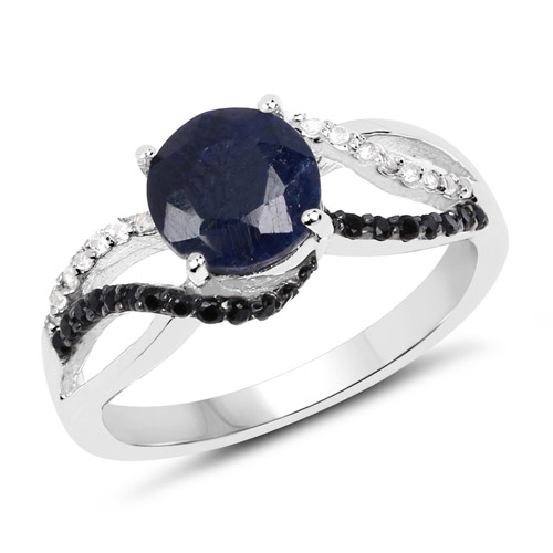 Sapphire-2.20 Carat Dyed Sapphire, Black Spinel and White Topaz .925 Sterling Silver Ring