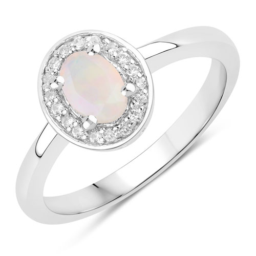 Opal-0.46 Carat Genuine Ethiopian Opal and Created White Sapphire .925 Sterling Silver Ring