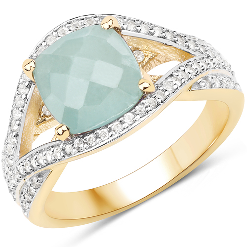 Rings-14K Yellow Gold Plated 2.40 Carat Genuine Aquamarine and White Topaz .925 Sterling Silver Ring
