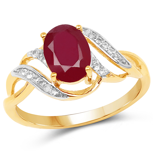 Ruby-14K Yellow Gold Plated 1.72 Carat Glass Filled Ruby and White Topaz .925 Sterling Silver Ring