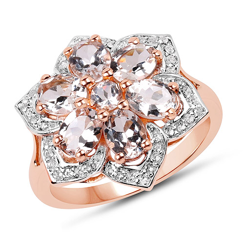 Rings-14K Rose Gold Plated 1.80 Carat Genuine Morganite and White Topaz .925 Sterling Silver Ring