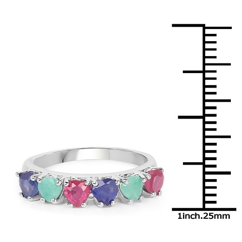 1.88 Carat Genuine Glass Filled Ruby, Emerald & Glass Filled Sapphire .925 Sterling Silver Ring