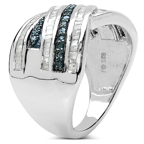 1.02 Carat Genuine Blue Diamond & White Diamond .925 Sterling Silver Ring
