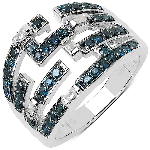 Diamond-0.59 Carat Genuine Blue Diamond & White Diamond .925 Sterling Silver Ring