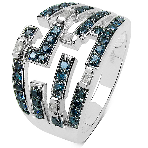 0.59 Carat Genuine Blue Diamond & White Diamond .925 Sterling Silver Ring