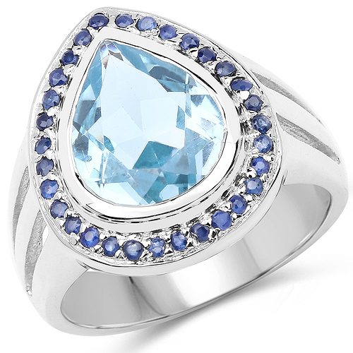 Rings-5.42 Carat Genuine Blue Topaz and Blue Sapphire .925 Sterling Silver Ring
