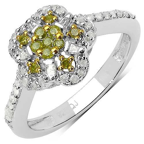 Diamond-0.46 Carat Genuine White Diamond & Yellow Diamond .925 Sterling Silver Ring