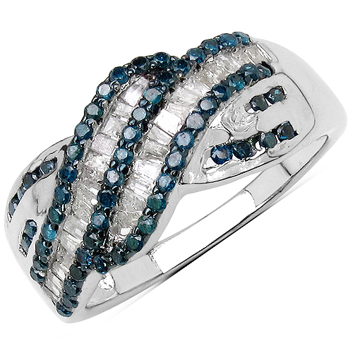 Diamond-0.88 Carat Genuine Blue Diamond & White Diamond .925 Sterling Silver Ring
