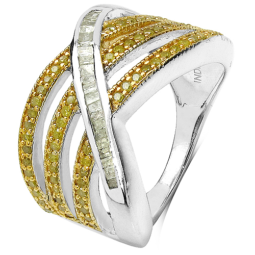 0.79 Carat Genuine White Diamond & Yellow Diamond .925 Sterling Silver Ring