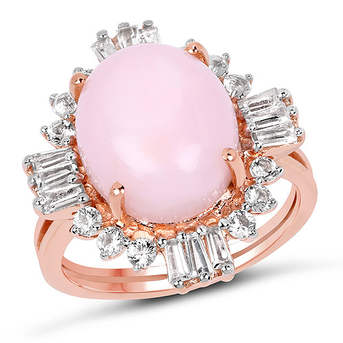 Opal-14K Rose Gold Plated 6.42 Carat Genuine Pink Opal and White Topaz .925 Sterling Silver Ring