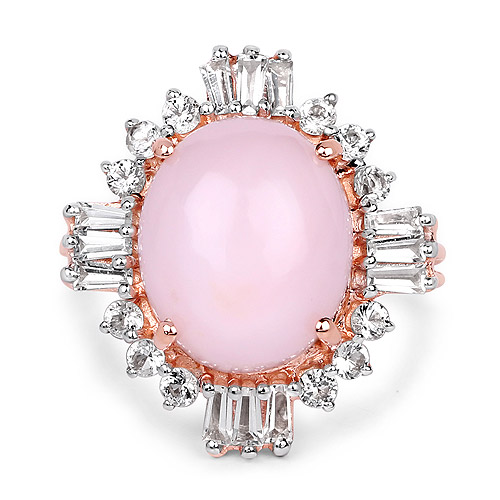 14K Rose Gold Plated 6.42 Carat Genuine Pink Opal and White Topaz .925 Sterling Silver Ring