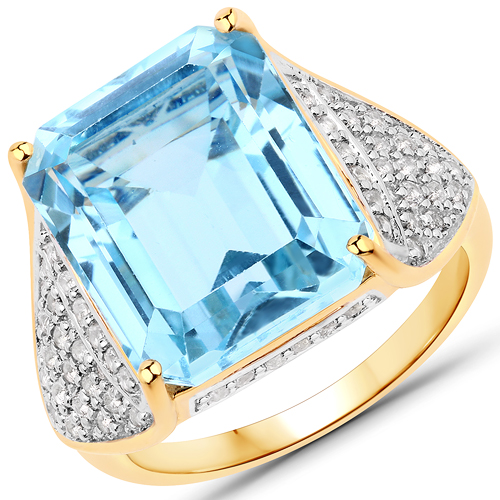 Rings-18K Yellow Gold Plated 13.92 Carat Genuine Blue Topaz and White Topaz .925 Sterling Silver Ring