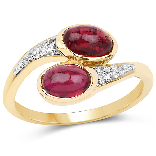 Ruby-14K Yellow Gold Plated 2.38 Carat Glass Filled Ruby and White Topaz .925 Sterling Silver Ring
