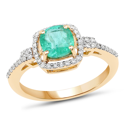 Emerald-1.11 Carat Genuine Zambian Emerald and  White Diamond 14K Yellow Gold Ring