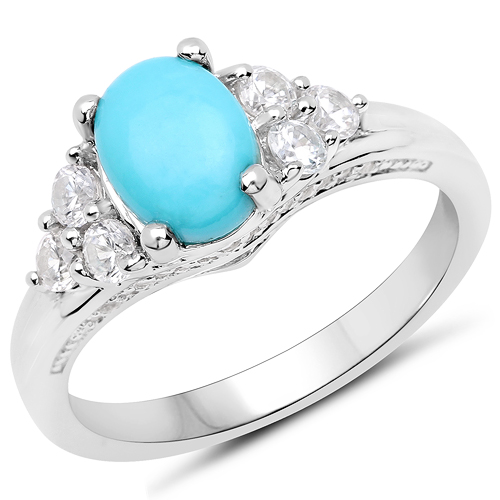 1.92 Carat Genuine Turquoise and White Zircon .925 Sterling Silver Ring