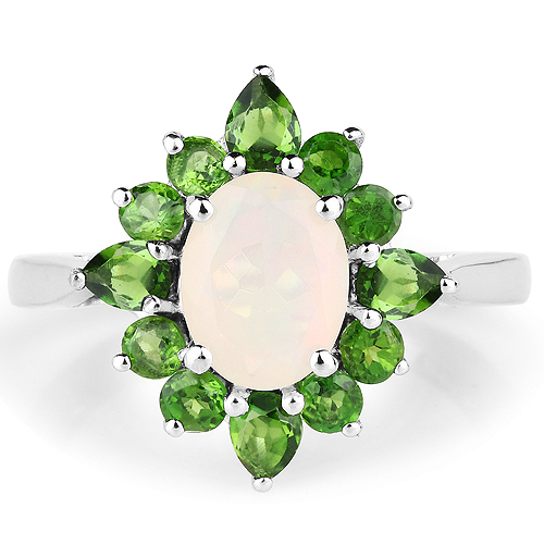 2.16 Carat Genuine Ethiopian Opal and Chrome Diopside .925 Sterling Silver Ring