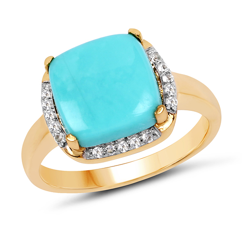 Rings-14K Yellow Gold Plated 3.38 Carat Genuine Turquoise & White Topaz .925 Sterling Silver Ring
