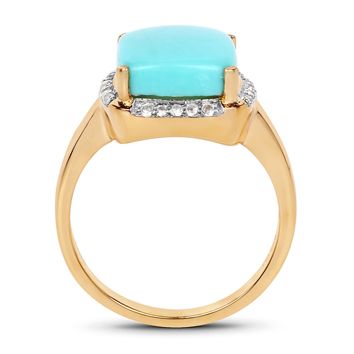 14K Yellow Gold Plated 3.38 Carat Genuine Turquoise & White Topaz .925 Sterling Silver Ring