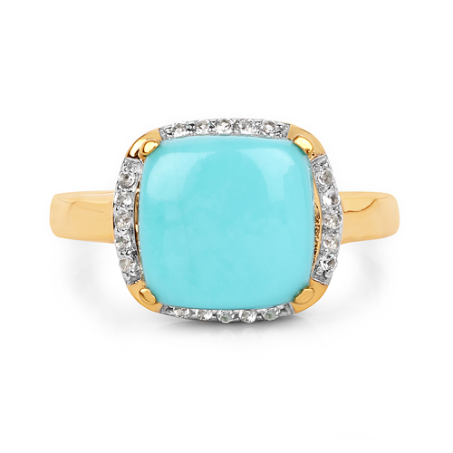 14K Yellow Gold Plated 3.38 Carat Genuine Turquoise & White Topaz .925 Sterling Silver Ring