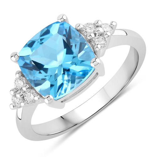 Rings-3.61 Carat Genuine Swiss Blue Topaz and Lab Grown Diamond .925 Sterling Silver Ring