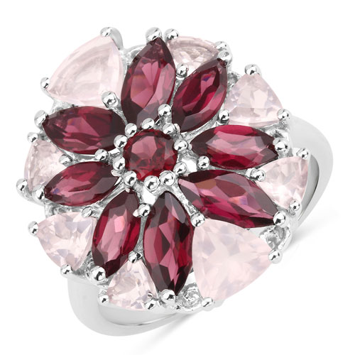 7.00 Carat Genuine Rhodolite and Rose Quartz .925 Sterling Silver Ring