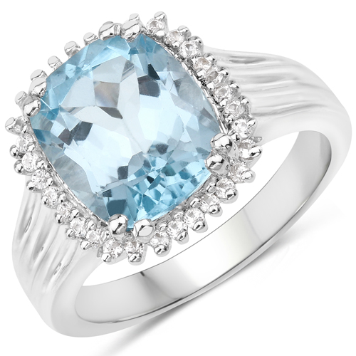 Rings-4.32 Carat Genuine Blue Topaz and White Zircon .925 Sterling Silver Ring