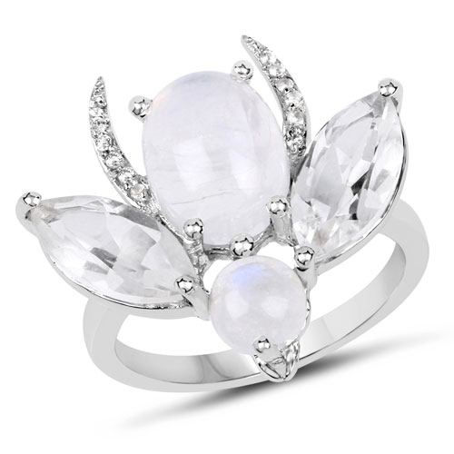 Rings-3.50 Carat White Rainbow Moonstone Ring with 3.91 ct. t.w. Multi-Gems in Sterling Silver