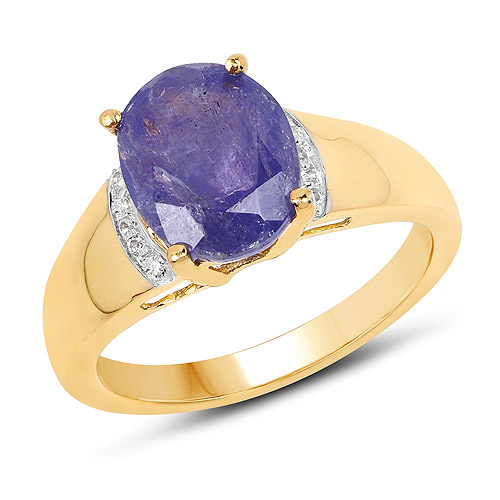 14K Yellow Gold Plated 2.95 Carat Genuine Tanzanite and White Topaz .925 Sterling Silver Ring