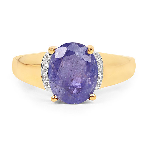 14K Yellow Gold Plated 2.95 Carat Genuine Tanzanite and White Topaz .925 Sterling Silver Ring