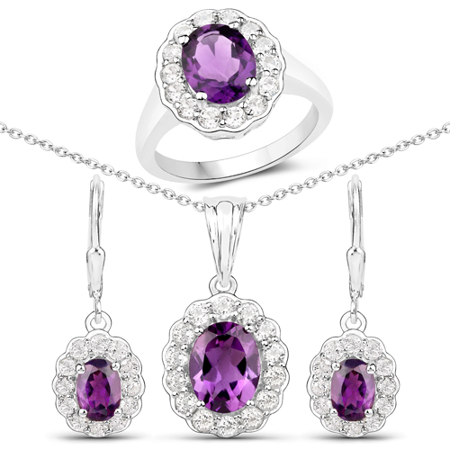 Amethyst-7.44 Carat Genuine Amethyst and White Topaz .925 Sterling Silver 3 Piece Jewelry Set (Ring, Earrings, and Pendant w/ Chain)