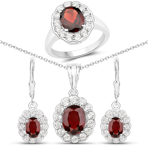 Garnet-8.34 Carat Genuine Garnet and White Topaz .925 Sterling Silver 3 Piece Jewelry Set (Ring, Earrings, and Pendant w/ Chain)