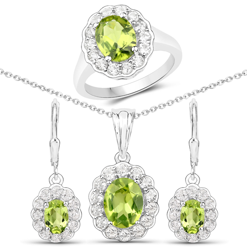 Peridot-7.70 Carat Genuine Peridot and White Topaz .925 Sterling Silver 3 Piece Jewelry Set (Ring, Earrings, and Pendant w/ Chain)