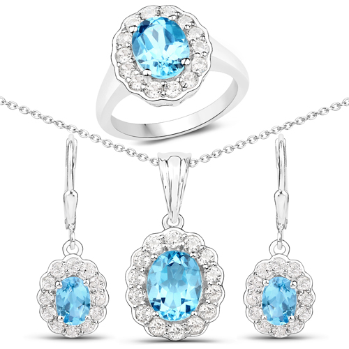 Jewelry Sets-8.54 Carat Genuine Swiss Blue Topaz and White Topaz .925 Sterling Silver 3 Piece Jewelry Set (Ring, Earrings, and Pendant w/ Chain)