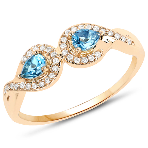 Rings-0.45 Carat Genuine Swiss Blue Topaz and White Diamond 14K Yellow Gold Ring