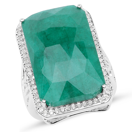 Emerald-21.50 Carat Dyed Emerald and White Topaz .925 Sterling Silver Ring