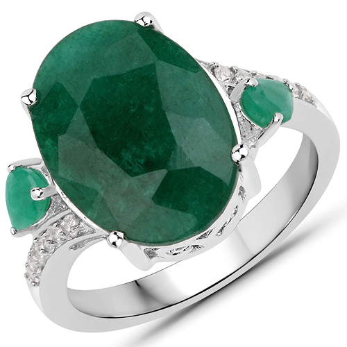 Emerald-6.55 Carat Dyed Emerald, Emerald and White Topaz .925 Sterling Silver Ring