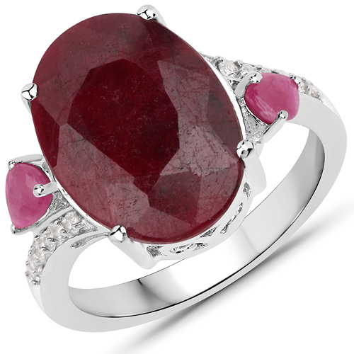 Ruby-7.72 Carat Dyed Ruby, Ruby and White Topaz .925 Sterling Silver Ring
