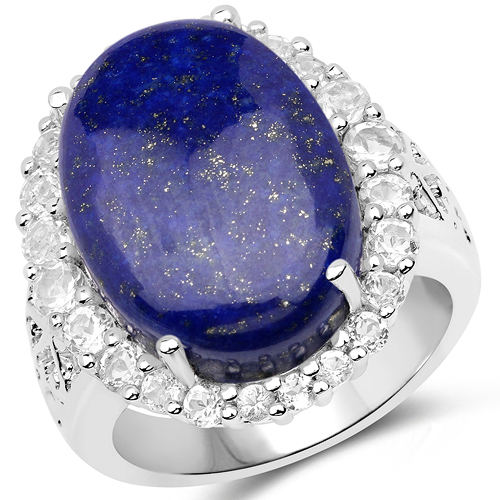 Rings-12.26 Carat Genuine Lapis and White Topaz .925 Sterling Silver Ring