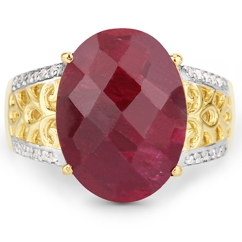 14K Yellow Gold Plated 10.42 Carat Dyed Ruby and White Topaz .925 Sterling Silver Ring