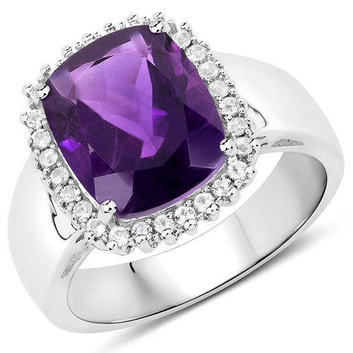 Amethyst-4.08 Carat Genuine Amethyst and White Topaz .925 Sterling Silver Ring