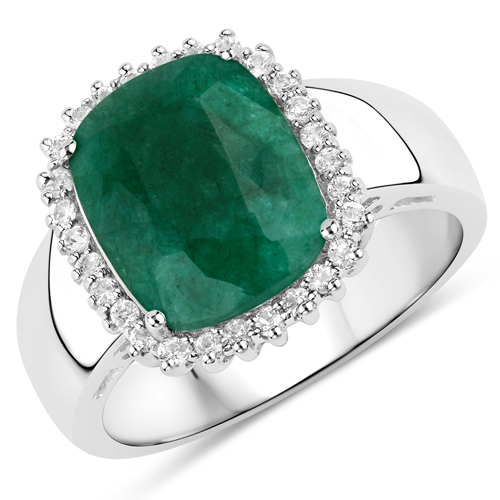 Emerald-3.98 Carat Dyed Emerald and White Topaz .925 Sterling Silver Ring