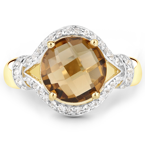 14K Yellow Gold Plated 2.99 Carat Genuine Champagne Quartz and White Topaz .925 Sterling Silver Ring