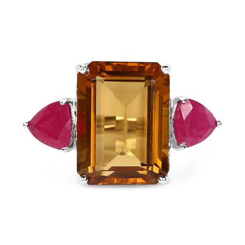 12.80 Carat Champagne Quartz and Glass Filled Ruby .925 Sterling Silver Ring