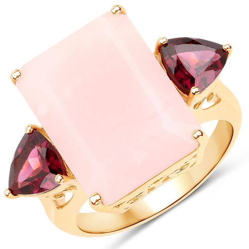 Rings-10.23 Carat Genuine Pink Opal and Rhodolite 14K Yellow Gold Ring