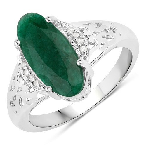 Emerald-2.44 Carat Genuine Emerald and White Diamond .925 Sterling Silver Ring