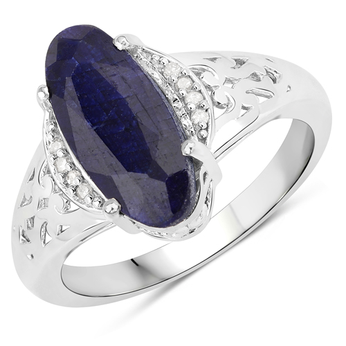 Sapphire-3.89 Carat Dyed Sapphire and White Diamond .925 Sterling Silver Ring